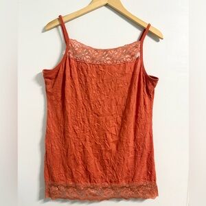 Rust Orange Lace Trim Cami 1X Plus Size Crinkle Tank